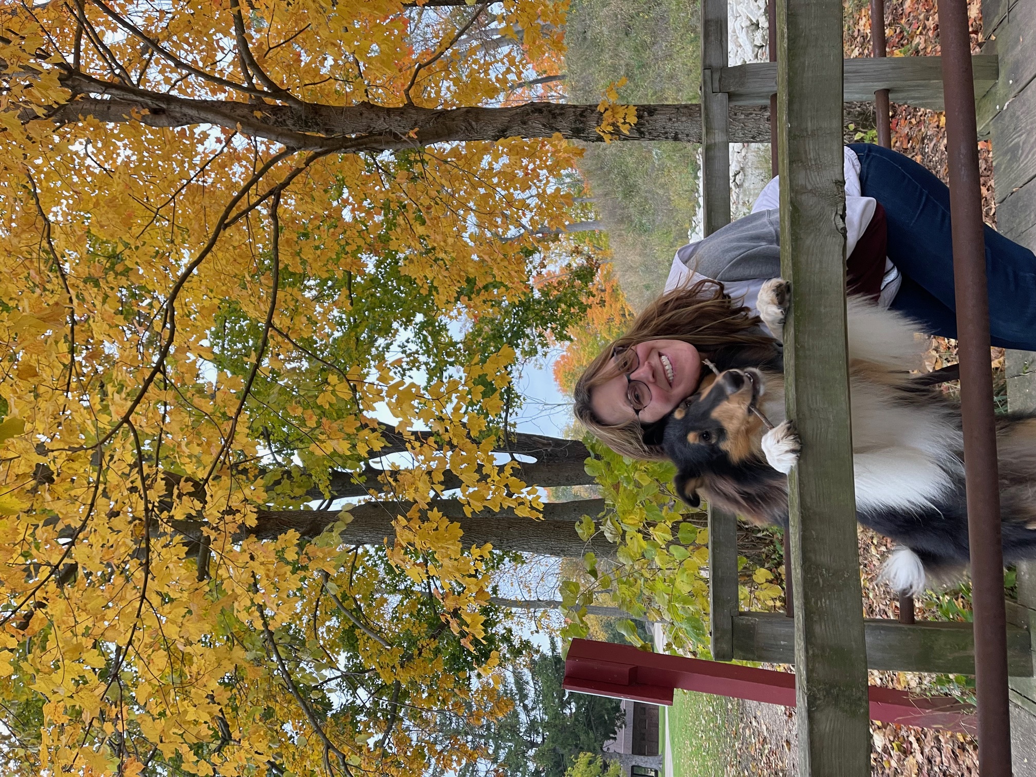 Buddy on the porch in fall