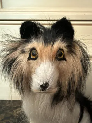 Front view of tricolor collie figurine made from goat fur.