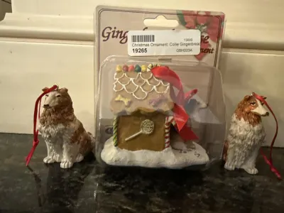Collie dog ornaments and gingerbread house in packaging.