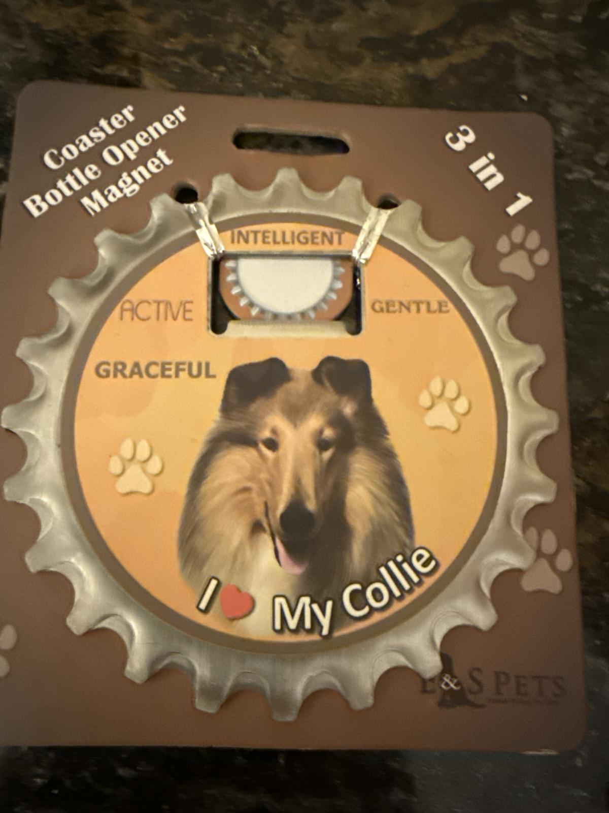3-in-1 coaster, bottle opener, and magnet with Collie design in packaging.