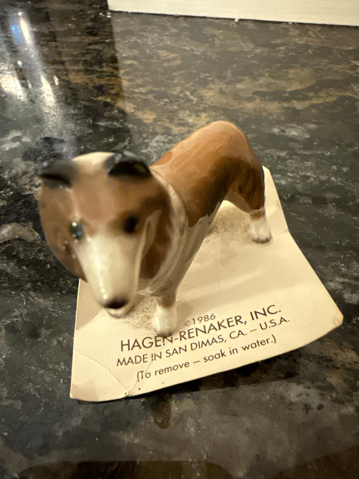 Close-up of a collie figurine with maker's mark 'HAGEN-RENAKER, INC. MADE IN SAN DIMAS, CA. U.S.A.'
