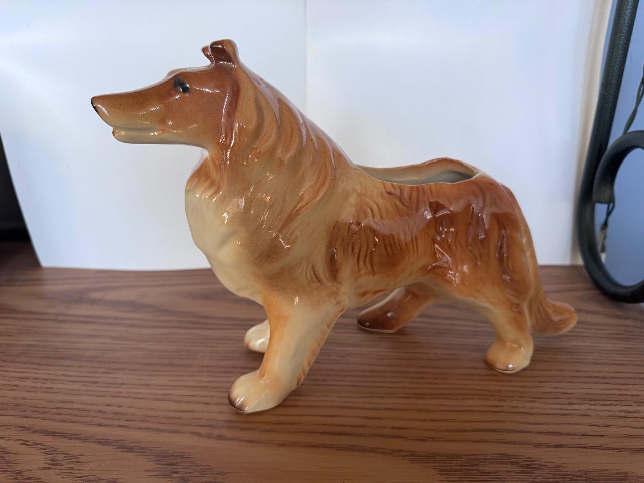 Ceramic rough collie planter, brown and cream, side view.