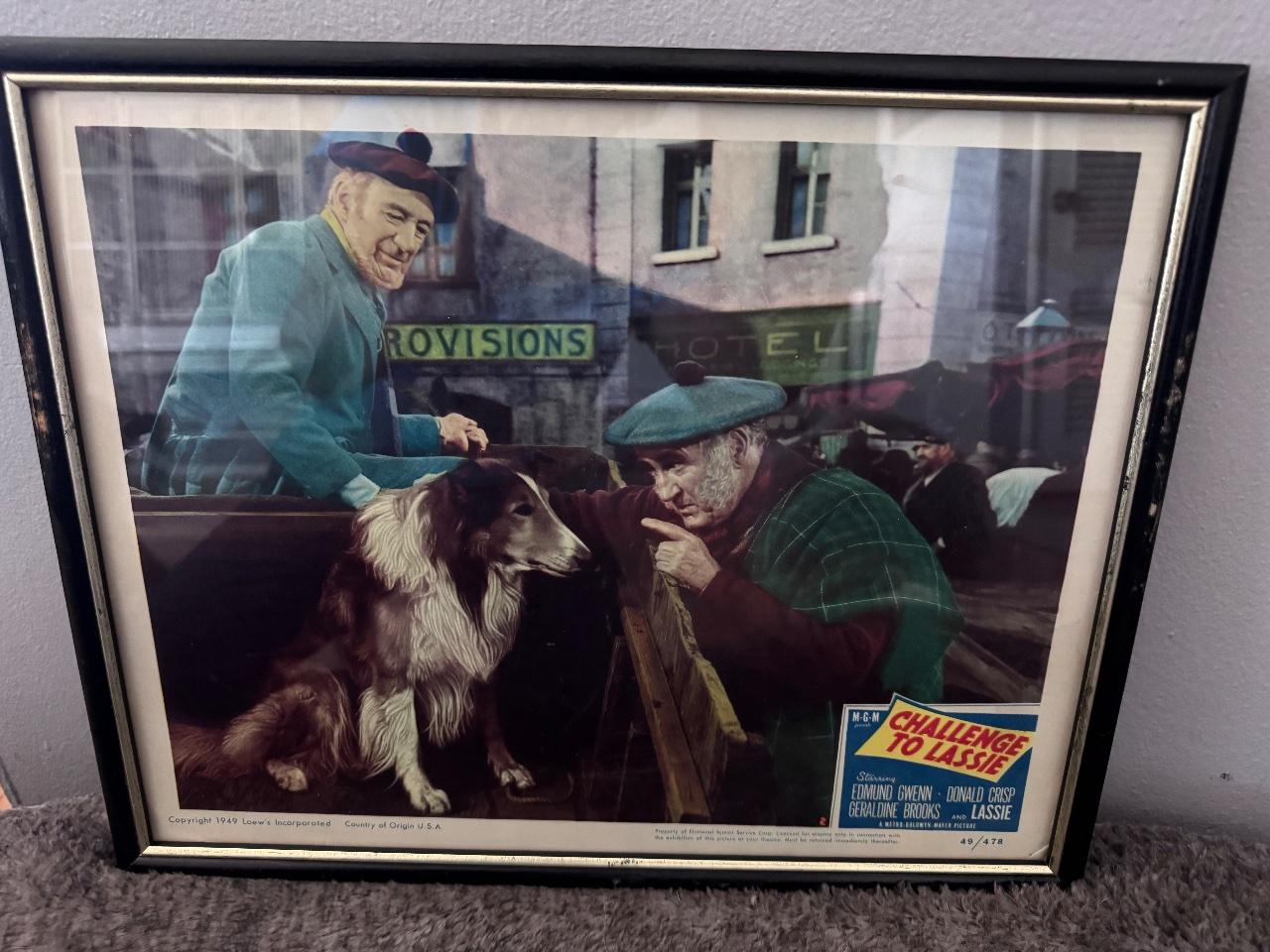 Framed movie picture from 'Challenge to Lassie' with two men and a collie dog.